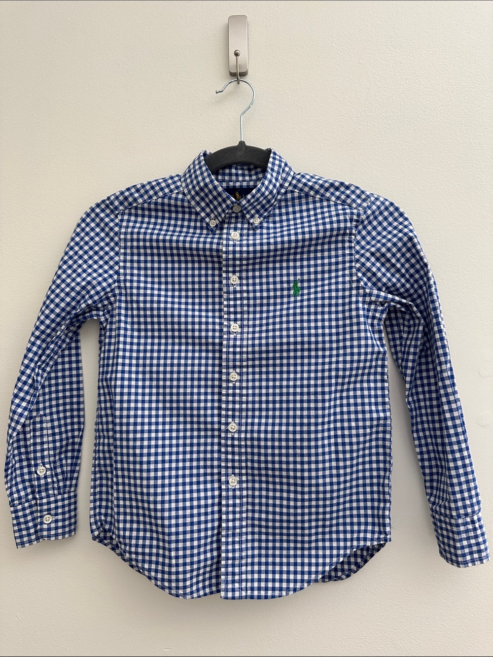 Ralph Lauren Blue Gingham Button Down Long Sleeve Shirt Navy Pony Boy's Size 8